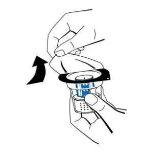 A close-up of a hand holding a blue and black device

Description automatically generated